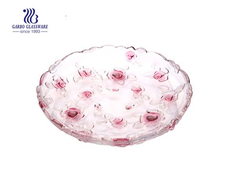 Glass pink fruit plate with rose design