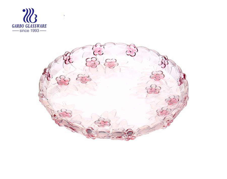 Glass pink fruit plate with rose design