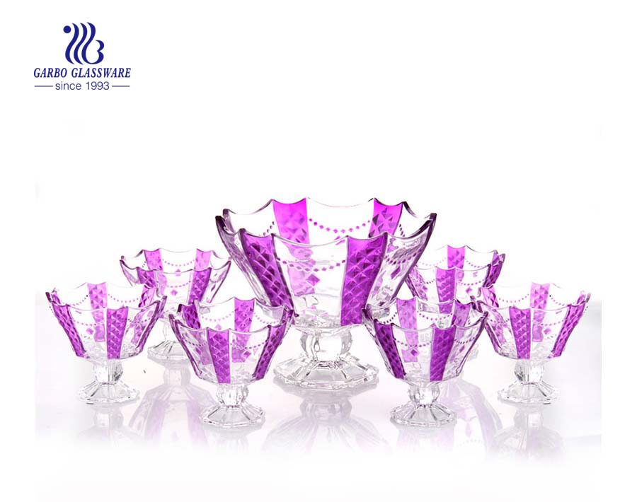 Beautiful necklace design 7 pcs footed glass bowl set with color 