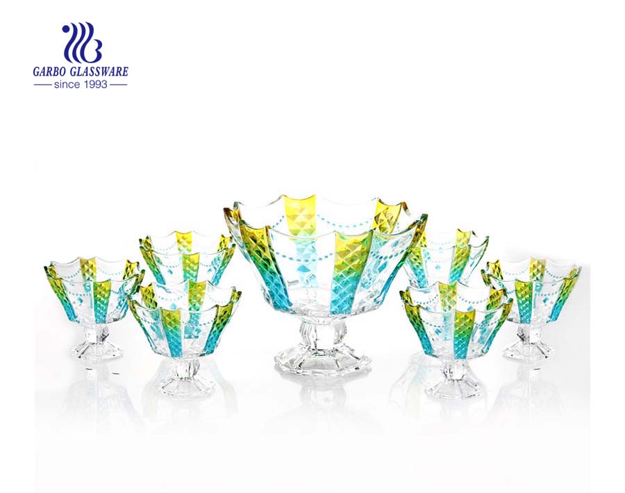 Beautiful necklace design 7 pcs footed glass bowl set with color 