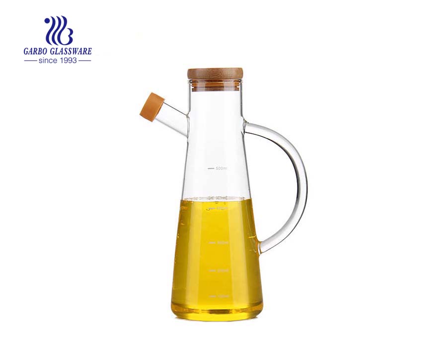 Botella de aceite de vidrio de borosilicato resistente al calor de 600 ml con tapa de vidrio