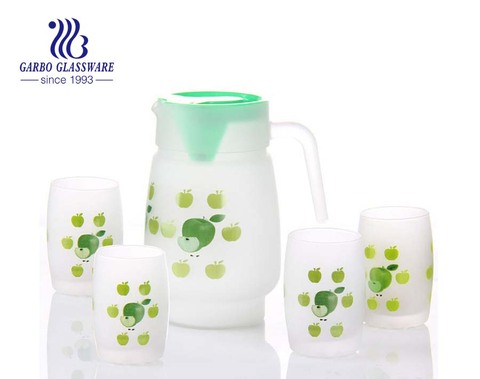 1.4L glass jug and 6pcs glass cup drinking set with fruit printing