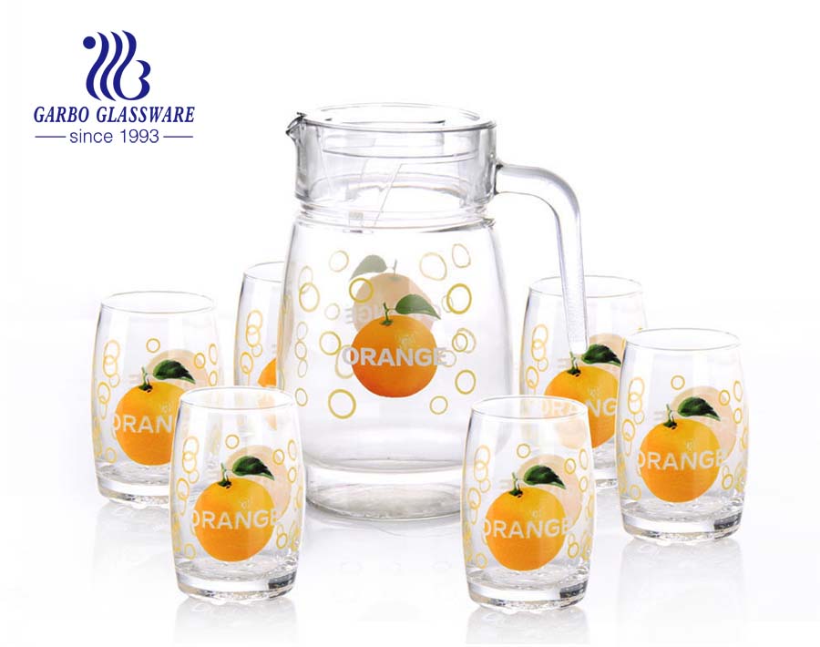 1.4L glass jug and 6pcs glass cup drinking set with fruit printing