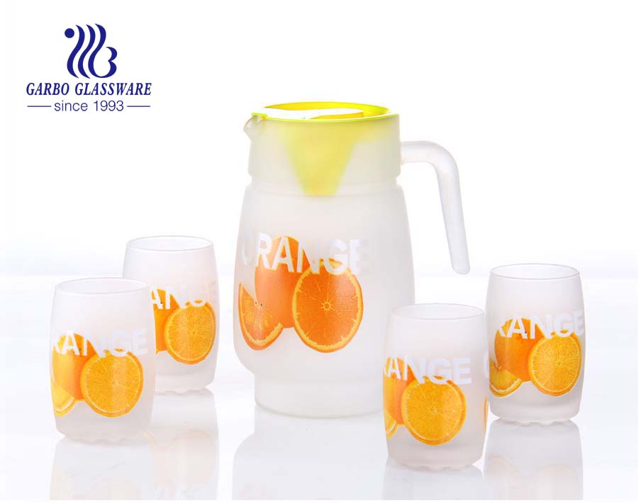 Jarro de vidro 1.4L e copo de vidro 6pcs que bebe com impressão de frutas