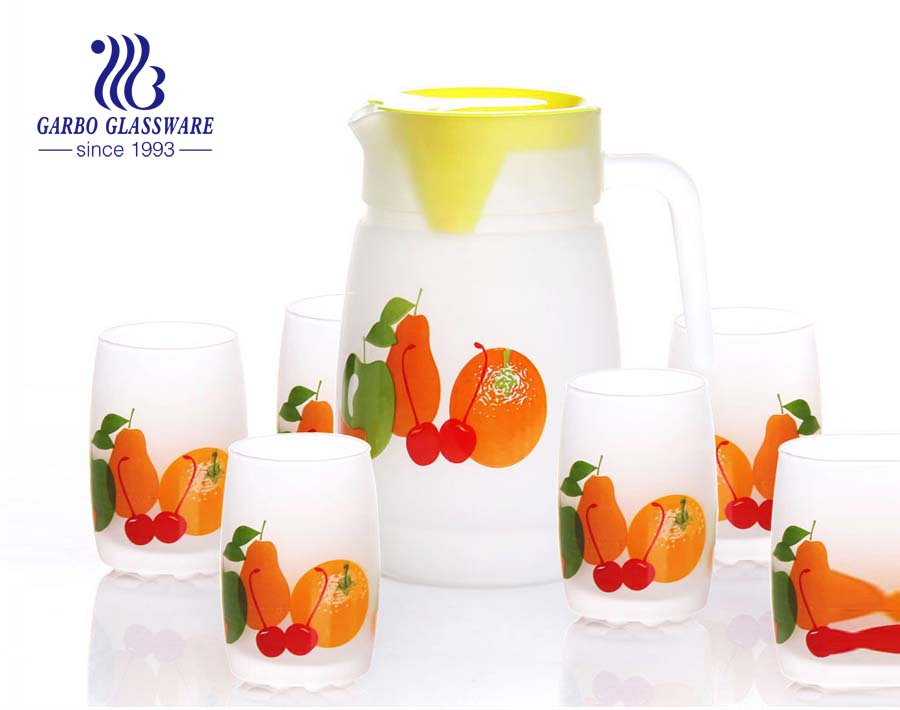 1.4L glass jug and 6pcs glass cup drinking set with fruit printing