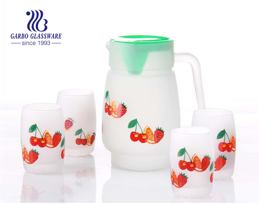 Jarro de vidro 1.4L e copo de vidro 6pcs que bebe com impressão de frutas