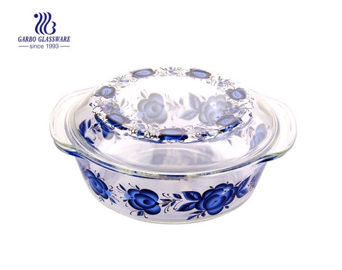 China manafacture 2L olla de vidrio para hornear con tapa y calcomanía de flores