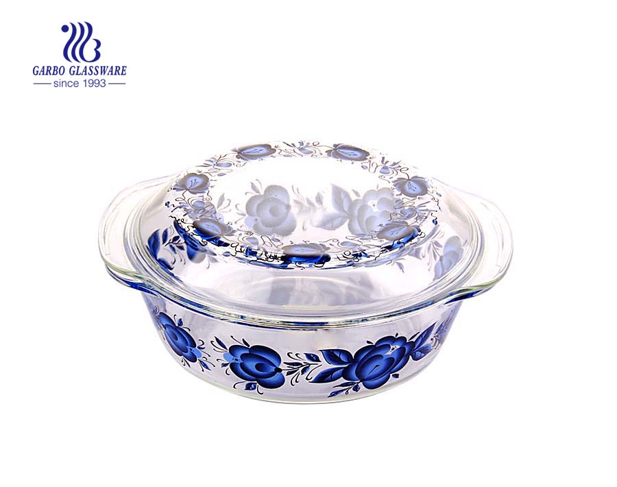 China Manafacture 2L Backglastopf mit Deckel und Blumenaufkleber