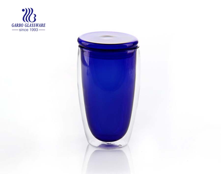 Vaso de vidrio de doble pared de color sólido azul de 9 oz para beber