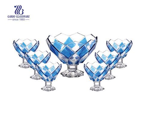 Spray color rhombus design 7 pcs footed glass bowl set wholesale glass bowls