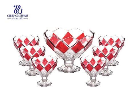 Spray color rhombus design 7 pcs footed glass bowl set wholesale glass bowls