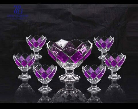 Spray couleur losange design 7 pcs pied en verre bol ensemble en gros bols en verre