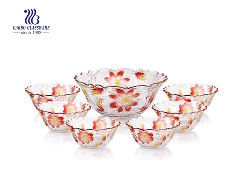 Vivid multi-colored engraved flower design 7pcs glass salad bowl set