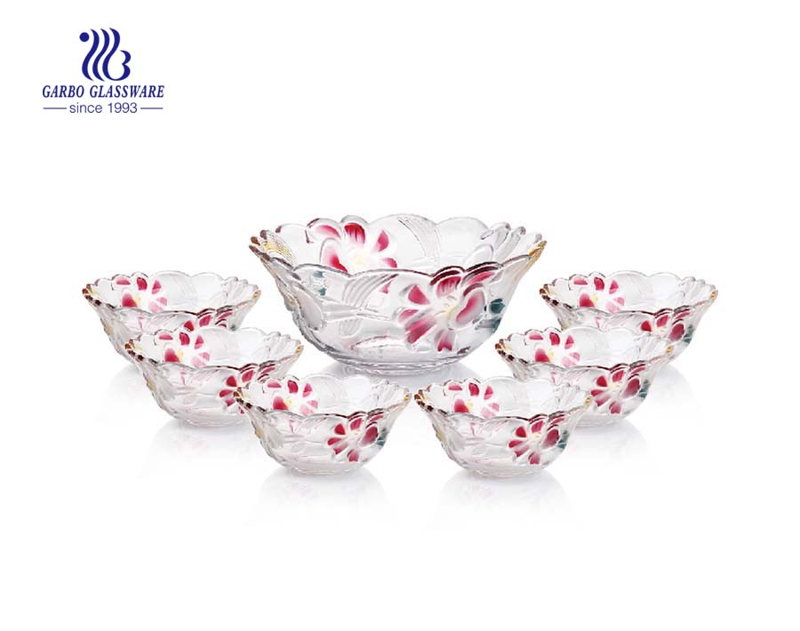 Vivid multi-colored engraved flower design 7pcs glass salad bowl set