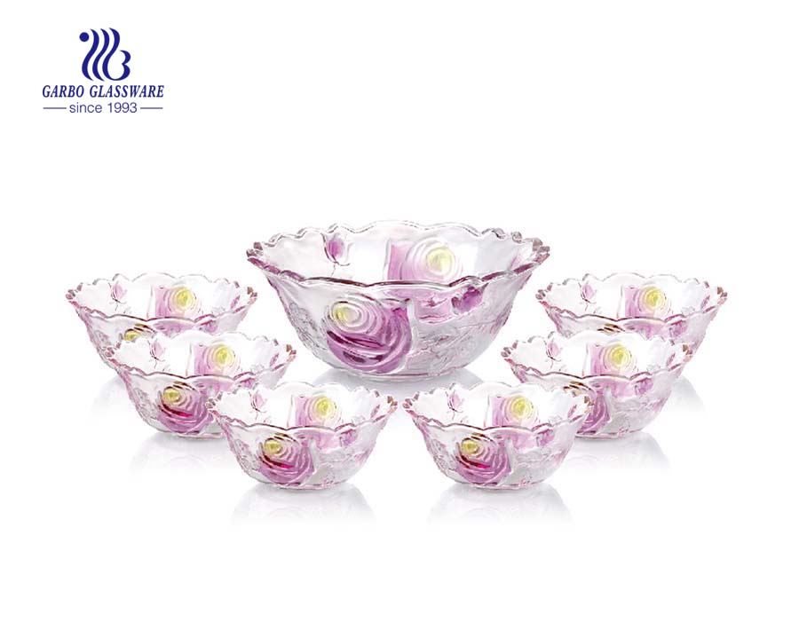 Vivid multi-colored engraved flower design 7pcs glass salad bowl set