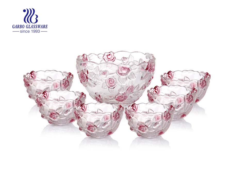 Vivid multi-colored engraved flower design 7pcs glass salad bowl set