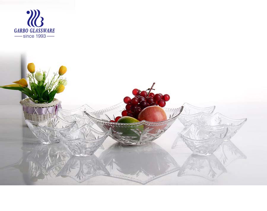 Vente chaude forme carrée 7pcs servant un bol de fruits en verre