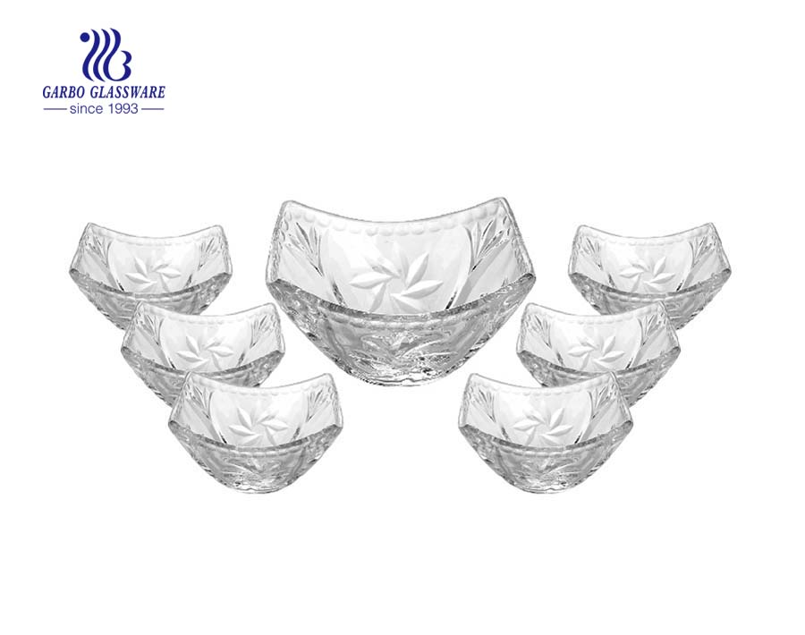 Hot sale square shape 7pcs serving glass fruit bowl set