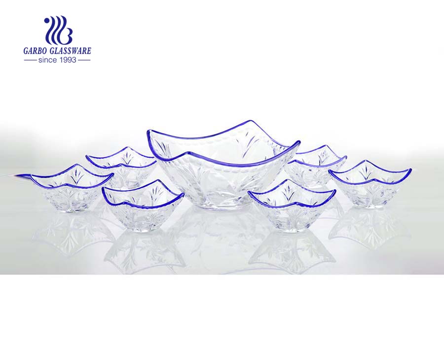 Hot sale square shape 7pcs serving glass fruit bowl set