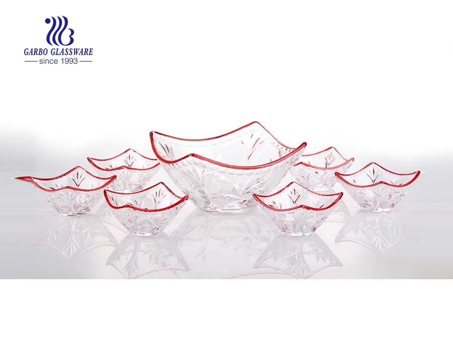 Hot sale square shape 7pcs serving glass fruit bowl set