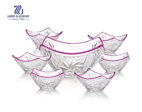 Hot sale square shape 7pcs serving glass fruit bowl set