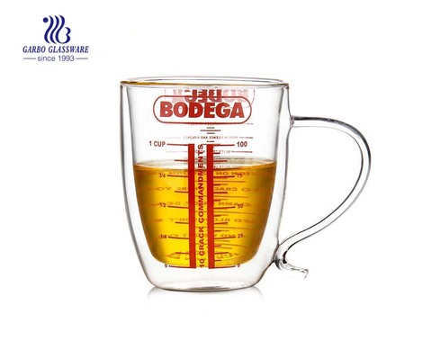 Big capacity heat resistant double wall glass cup with measuring line