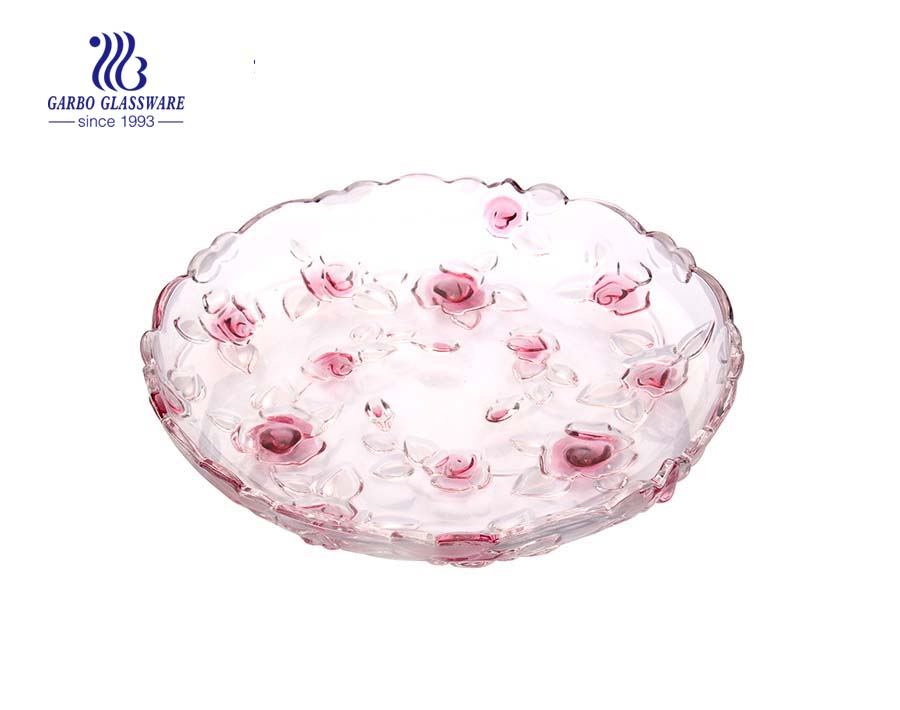 Glass Fruit Plate with Sprayed Rose design 