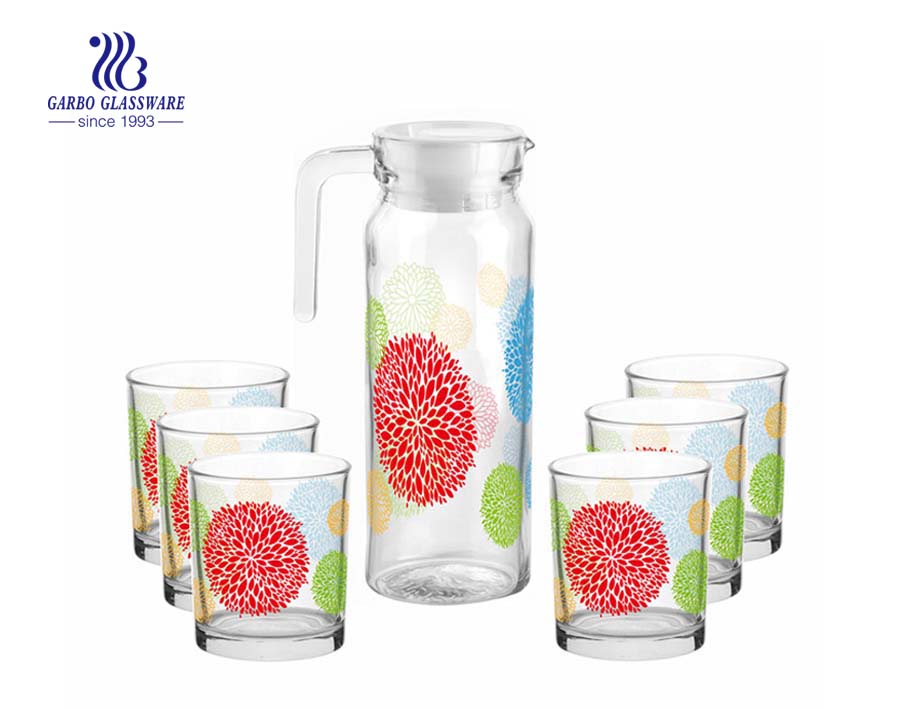 Hermoso diseño 7pcs vaso para beber jarra de vidrio y 6 tazas