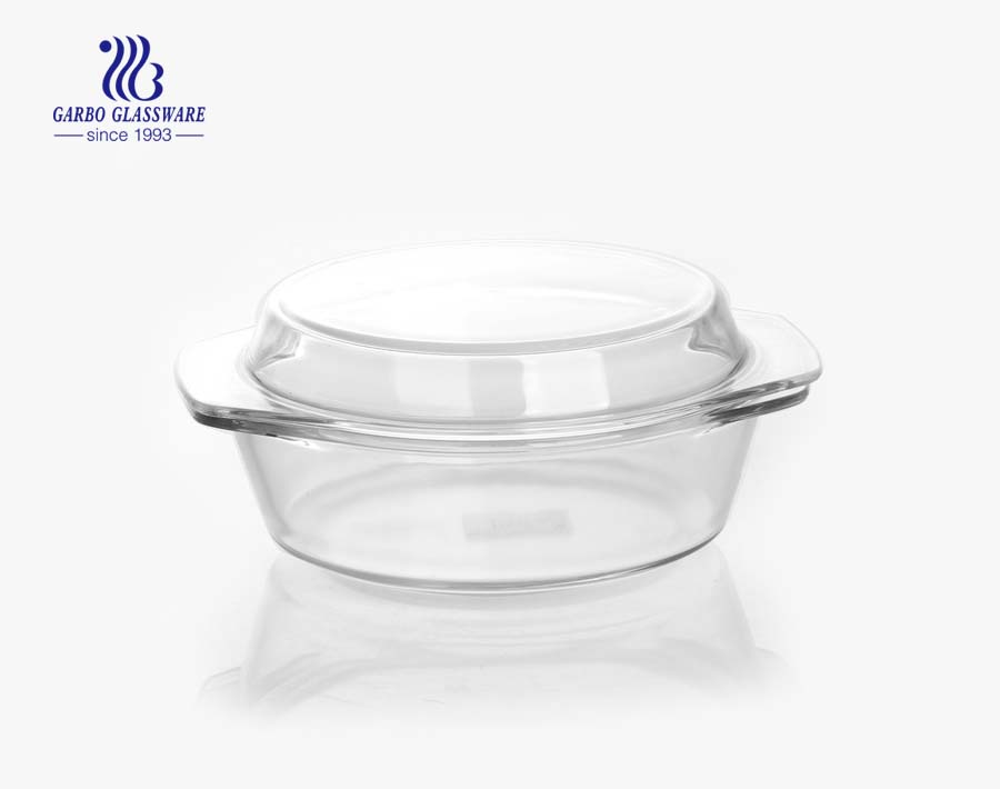 Bol en verre borosilicaté de four rond transparent de forme 2L avec couvercle