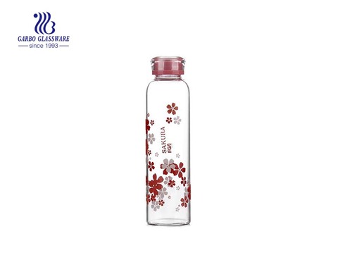 840ml Pink Decals Glass Water Bottle With Plastic Lid