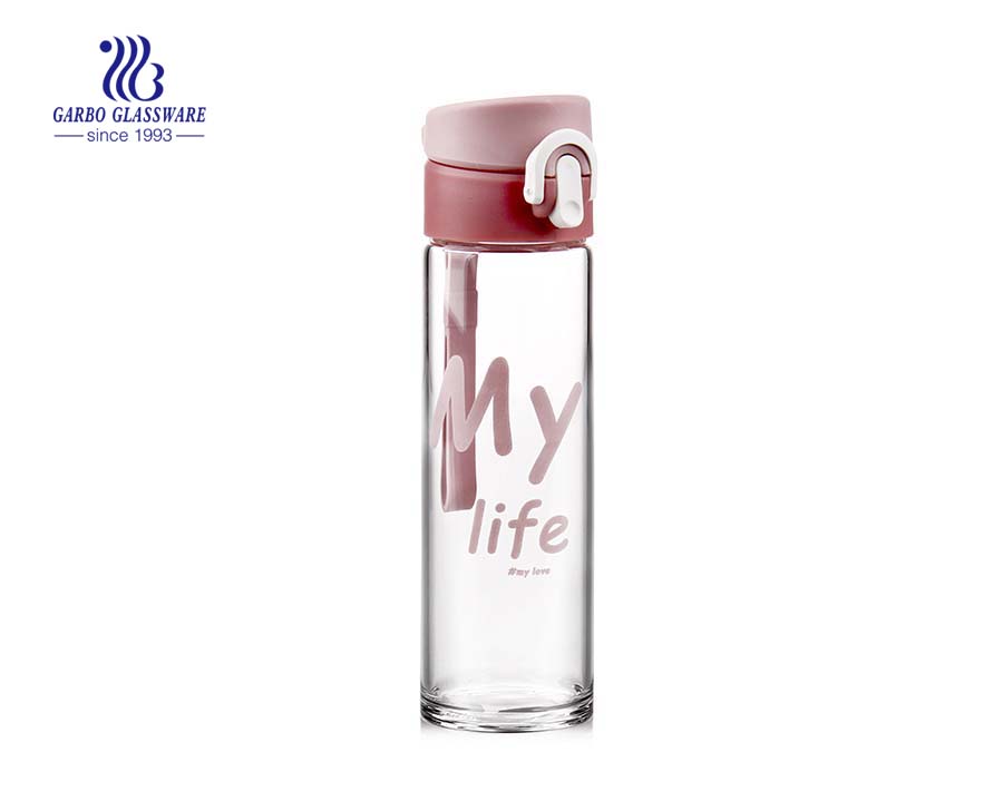 840ml Pink Decals Glass Water Bottle With Plastic Lid