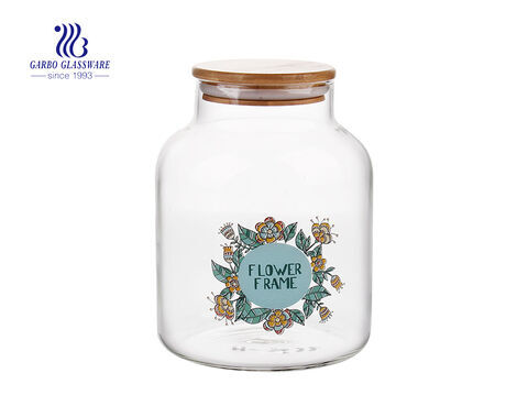 1.6L Customized decal logo pyrex glass storage jar with bamboo lid