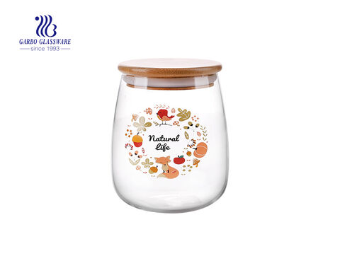 1.6L Customized decal logo pyrex glass storage jar with bamboo lid