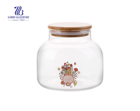 1.6L Customized decal logo pyrex glass storage jar with bamboo lid