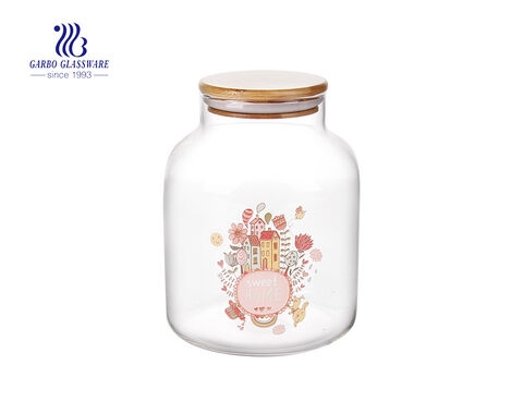 1.6L Customized decal logo pyrex glass storage jar with bamboo lid