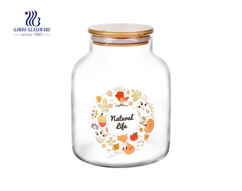 1.6L Customized decal logo pyrex glass storage jar with bamboo lid