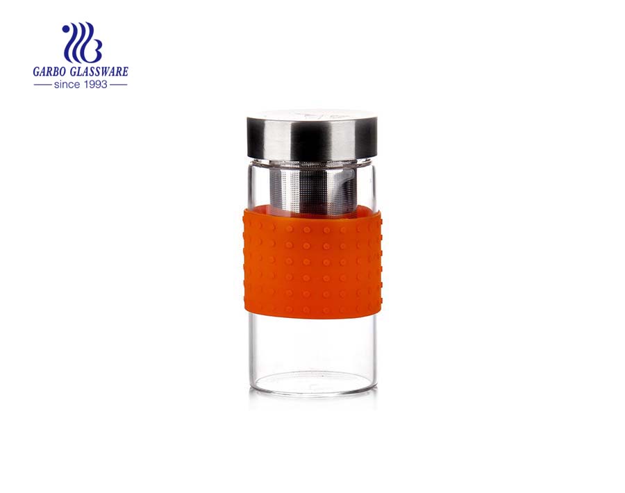 280ml hot sale small glass water bottle for hot tea drinking with metal lid and infuser