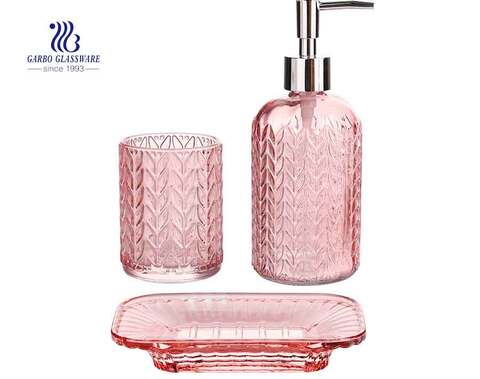 hotel use colored pink 3pcs glass bathroom washing accrssories set engraved glassware set