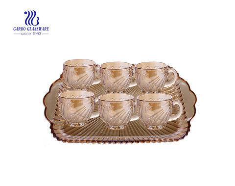 Champagne color decorative 7pcs glass serving plate and glass tea mug set 