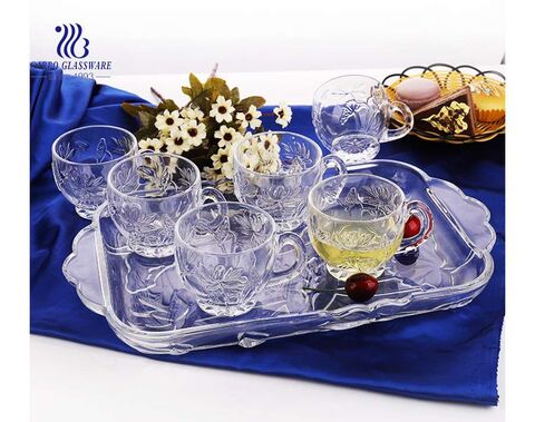 Champagne color decorative 7pcs glass serving plate and glass tea mug set 