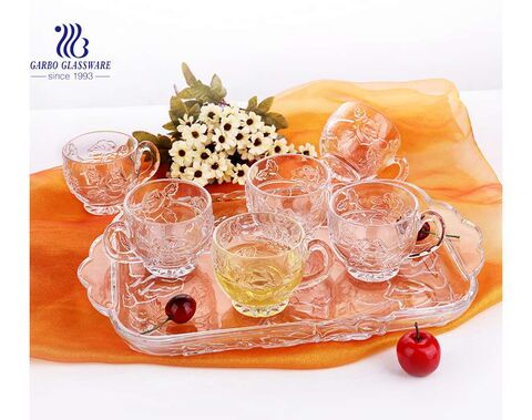 طبق زجاجي مزخرف بلون الشمبانيا ، 7 قطع ومجموعة أكواب شاي زجاجية