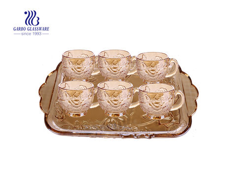 Champagne color decorative 7pcs glass serving plate and glass tea mug set 