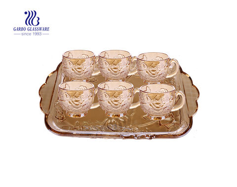 Champagne color decorativo 7pcs plato de cristal y taza de té de cristal