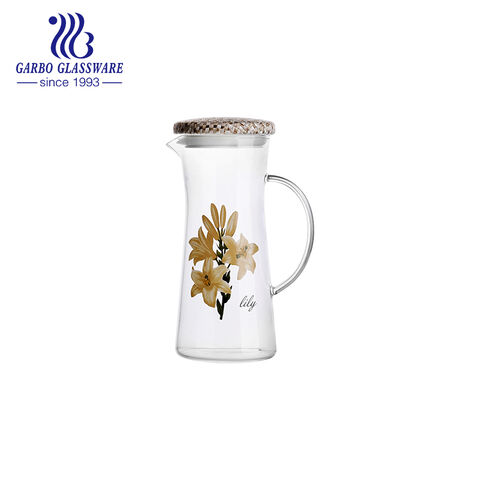 Luxury pyrex glass thin wall heat resistant glass jug with customized printing decal design