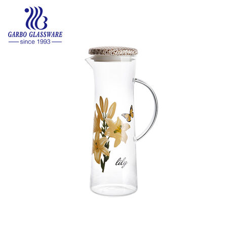 Luxury pyrex glass thin wall heat resistant glass jug with customized printing decal design