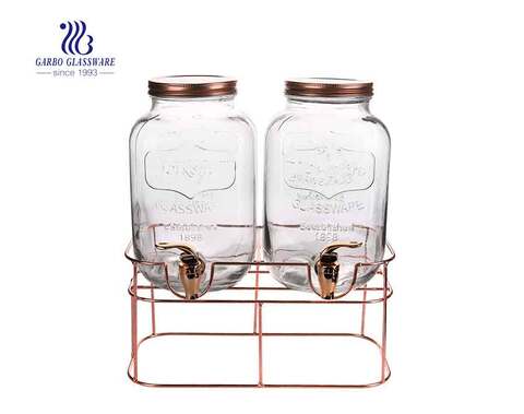 Distributeur de boisson en verre transparent de 1 gallon double avec support doré