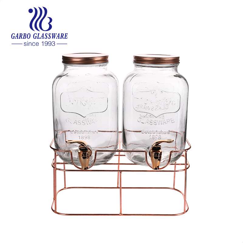 1 Gallon double Clear Glass Beverage Drink Dispenser with  golden Stand