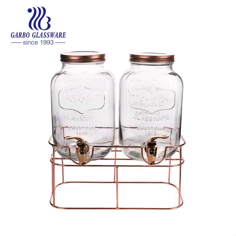 2 Pack Clear Dual Gallon Glass Beverage Dispenser Stand With Gold Lids