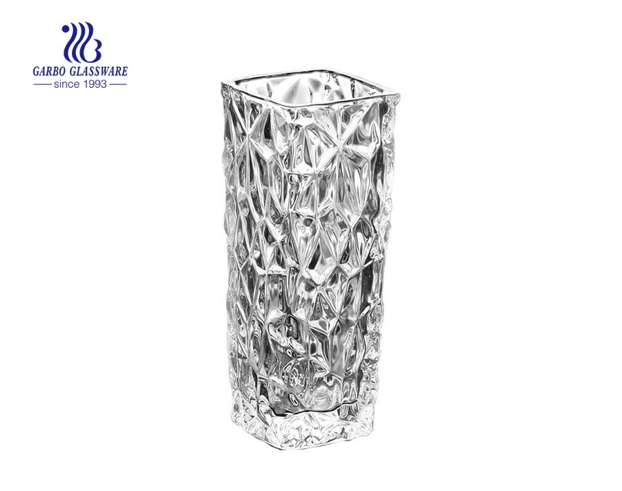 Simple Engraved Flower Design Clear Glass Vase 