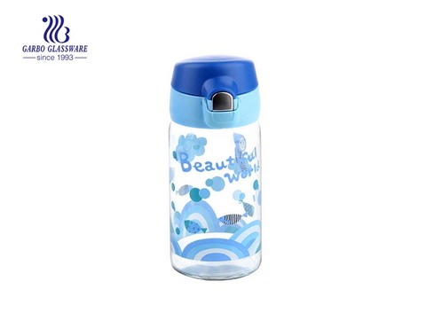 Bouteille d'eau en verre de conception d'impression 300ml à vente chaude avec couvercle couleur